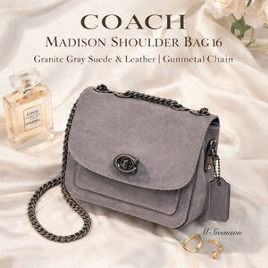 Coach Madison Shoulder Bag 16 Granite Gray Suede & Leather Gunmetal Chain C0801